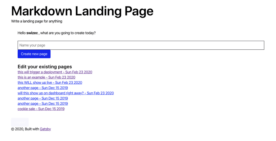 Markdown Landing Page dashboard
